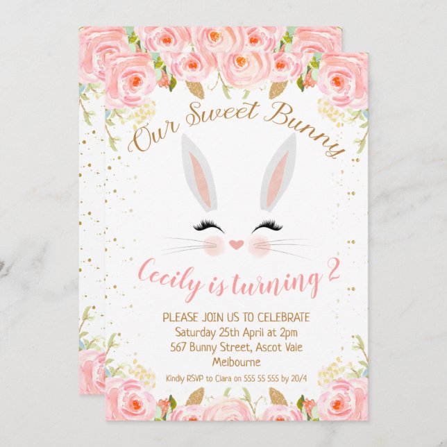 Bunny rose Floral Visage Anniversaire Invitation (Devant / Derrière)