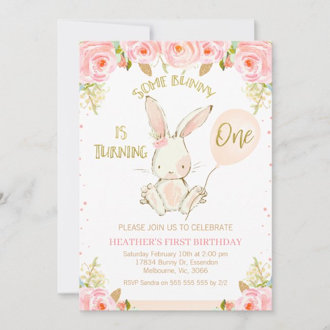 Bunny rose or floral 1er Invitation anniversaire (Devant)