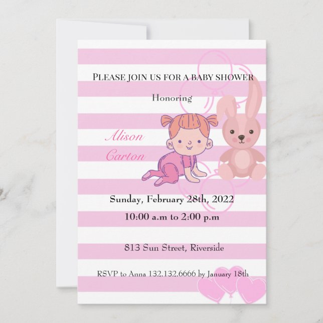 Bunny rose rayures fille invitation baby shower (Devant)