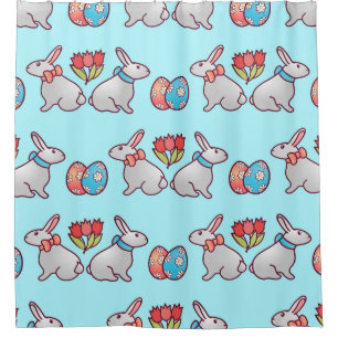 Bunny seamless pattern with easter eggs and a bouq