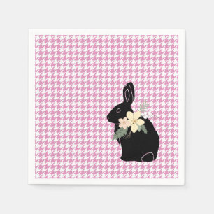 Bunny Silhouette Flowers Pink Houndstooth Easter Napkin