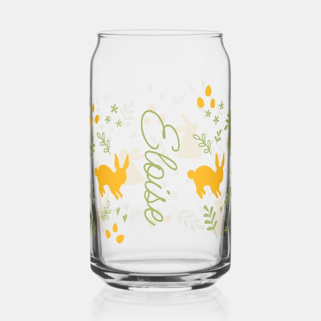 Bunny Silhouette & Greenery Pattern Personalized Can Glass (Front)