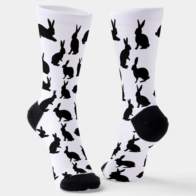 Bunny Silhouettes Pattern In Black Cute Easter Socks (Angled)