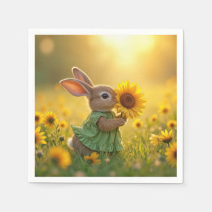 Bunny Sniffing a Yellow Sunflower Napkin