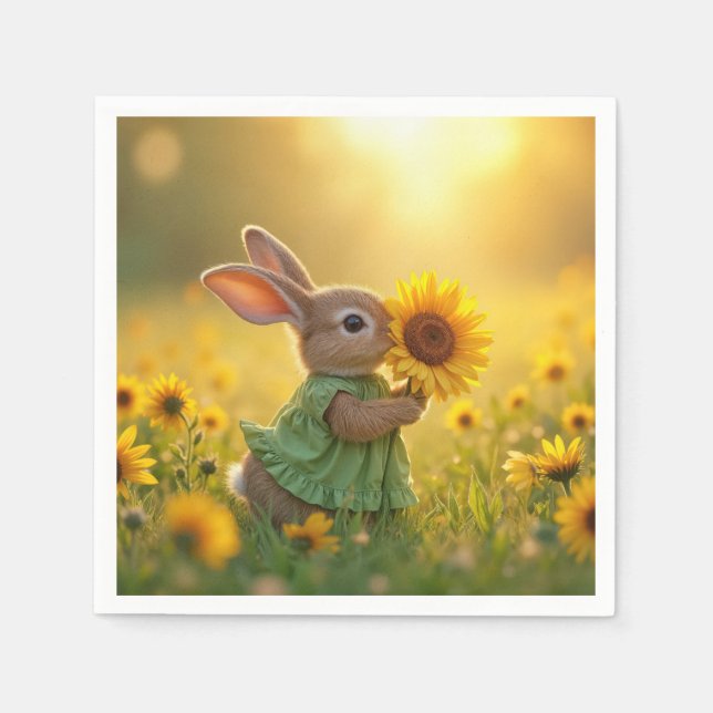 Bunny Sniffing a Yellow Sunflower Napkin (Front)