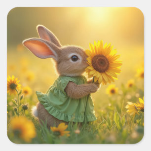 Bunny Sniffing a Yellow Sunflower Square Sticker