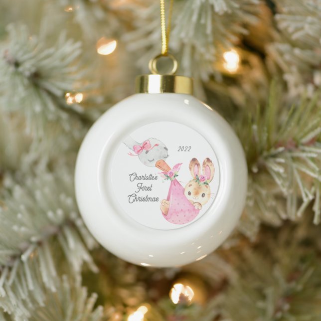 Bunny Special Delivery Baby's First Christmas   Ceramic Ball Christmas Ornament (Tree)