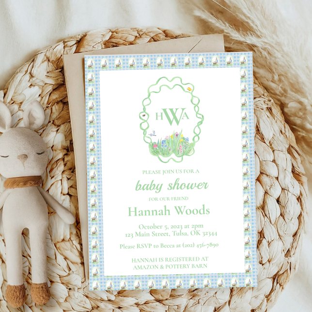 Bunny Spring Gingham Monogram Baby Shower Invitation (Creator Uploaded)