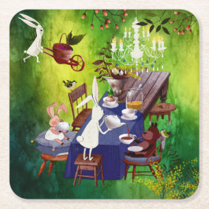 Bunny Spring Party in Forest-Animal Illustration Square Paper Coaster