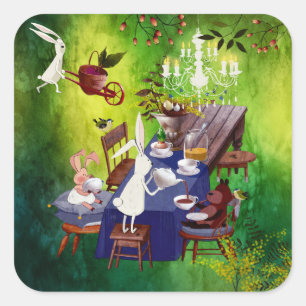 Bunny Spring Party in Forest-Animal Illustration Square Sticker