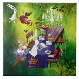 Bunny Spring Party in Forest-Animal Illustration Tile