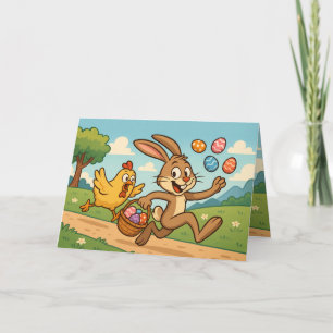 Bunny Steals Eggs from Chicken Retro Easter Style Holiday Card