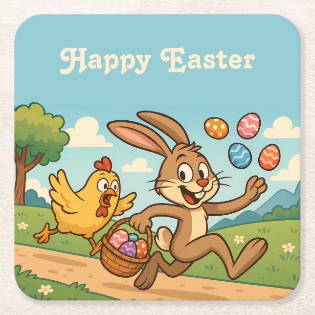 Bunny Steals Eggs from Hen Colourful Easter Cartoo Square Paper Coaster (Front)