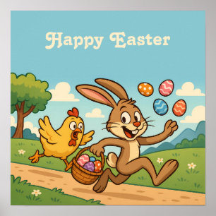 Bunny Steals Eggs from Hen   Funny Easter Cartoon Poster