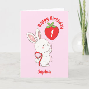 Bunny Strawberry Balloon Happy Birthday Card