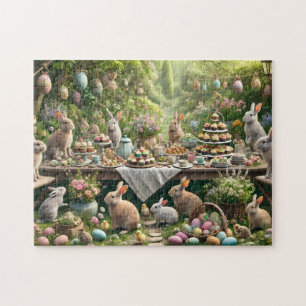 Bunny Tea Party Whimsical Easter Garden Scene Jigsaw Puzzle