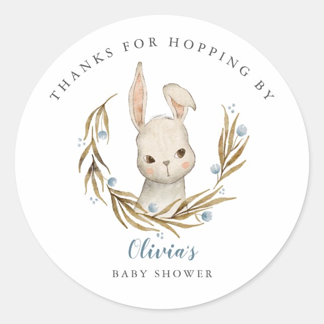 Bunny Thanks For Hopping By Boy Baby Shower Favour Classic Round Sticker (Front)