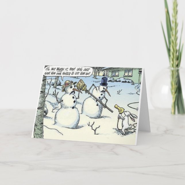 Bunny Threatens Snowman for Nose Greeting Card (Front)