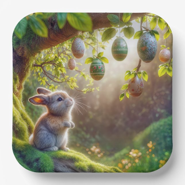 Bunny Under An Easter Egg Tree Paper Plate (Front)