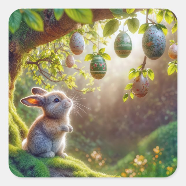 Bunny Under An Easter Egg Tree Square Sticker (Front)