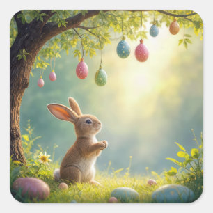 Bunny Under an Easter Egg Tree Square Sticker