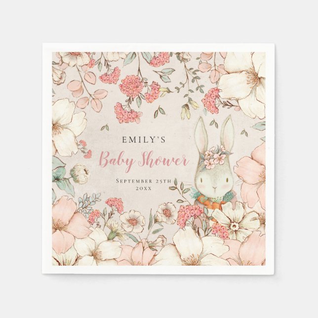 Bunny Vintage Floral Foliage Baby Shower Napkin (Front)