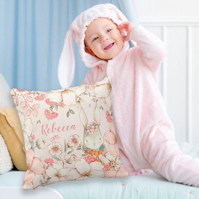 Bunny Vintage Floral Foliage Name Nursery Throw Pillow (Creator Uploaded)