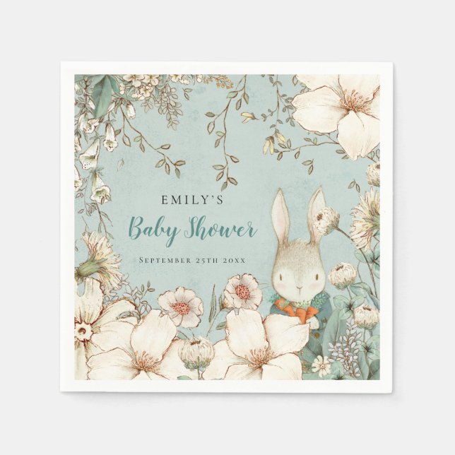 Bunny Vintage Foliage Powder Blue Baby Shower Napkin (Front)