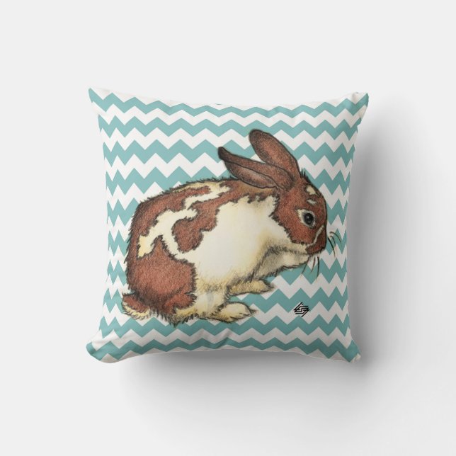 Bunny washing his face with blue chevron throw pillow (Front)