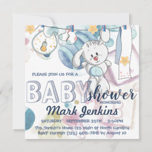 Bunny watercolor beautiful bright Baby Boy Shower Invitation