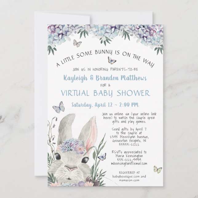 Bunny Watercolor Floral Blue Virtual Baby Shower Invitation (Front)