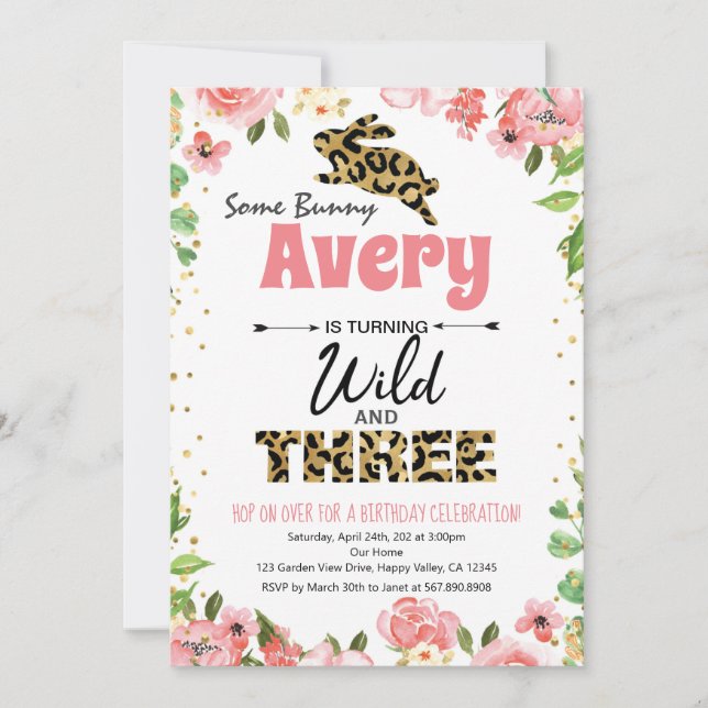 Bunny Wild & Three Girl 3rd Birthday Invitation (Front)