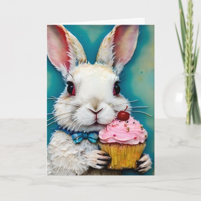Bunny with a Cupcake Birthday Card (Front)