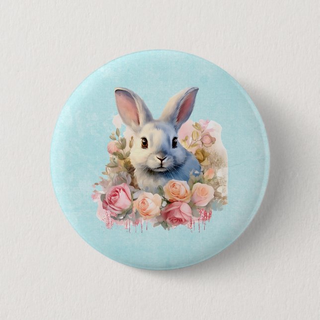 Bunny with a Garland of Roses Cute 2 Inch Round Button (Front)