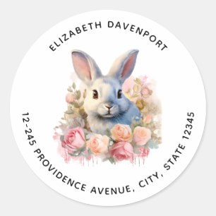 Bunny with a Garland of Roses Cute Address Classic Round Sticker