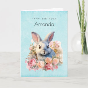 Bunny with a Garland of Roses Cute Birthday Card