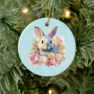Bunny with a Garland of Roses Cute Ceramic Ornament