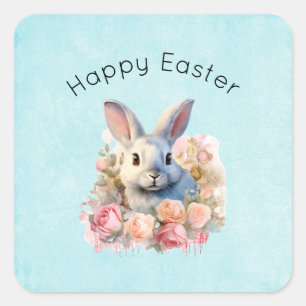Bunny with a Garland of Roses Cute Easter Square Sticker