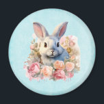 Bunny with a Garland of Roses Cute Magnet<br><div class="desc">Magnet with a watercolor image. A white gray bunny rabbit surrounded by a garland of pink and peach roses. For bunny lovers and Easter themes and birthdays and showers.</div>