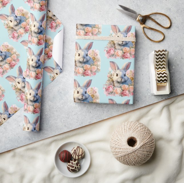 Bunny with a Garland of Roses Cute Pattern Wrapping Paper (Crafts)