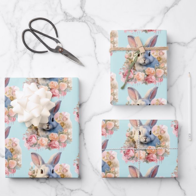 Bunny with a Garland of Roses Cute Pattern Wrapping Paper Sheet (Front)