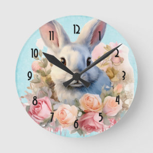 Bunny with a Garland of Roses Cute Round Clock