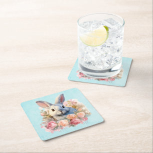Bunny with a Garland of Roses Cute Square Paper Coaster