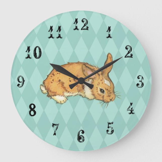 Bunny with aqua blue diamond background large clock (Front)