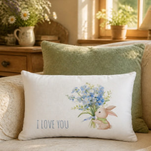 Bunny with Blue Floral Bouquet I Love You Lumbar Pillow