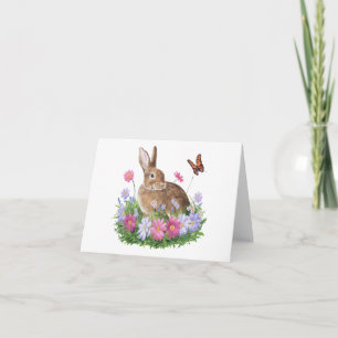 Bunny with Butterfly and Field of Flowers BLANK  Card