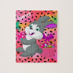 BUNNY WITH COLORED EGGS IN BASKET JIGSAW PUZZLE