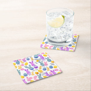 bunny with easter eggs square paper coaster