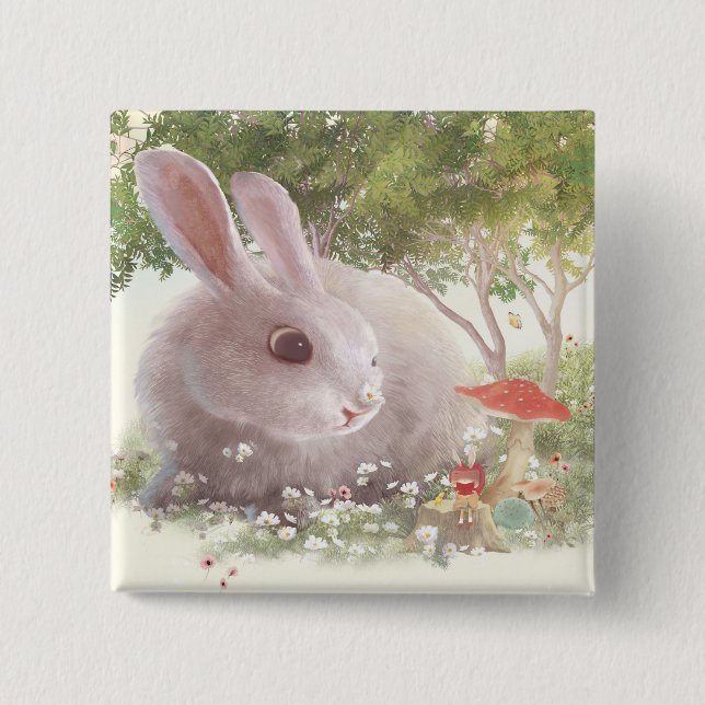 Bunny with Flowers 2 Inch Square Button (Front)