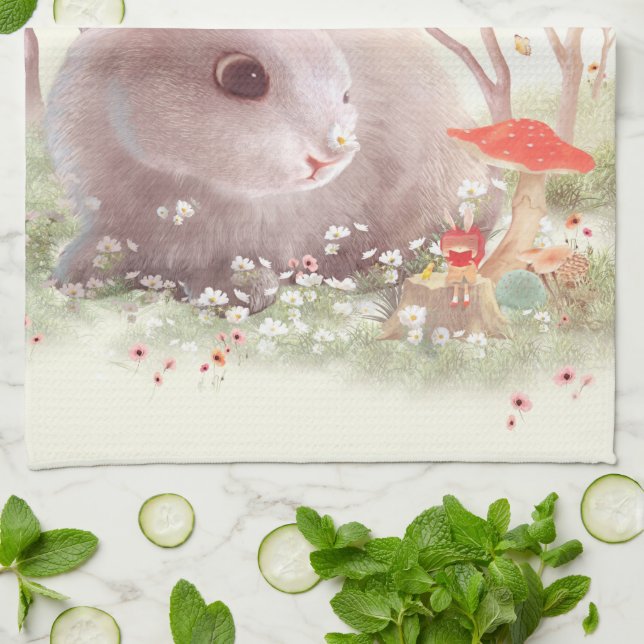 Bunny with Flowers Kitchen Towel (Folded)